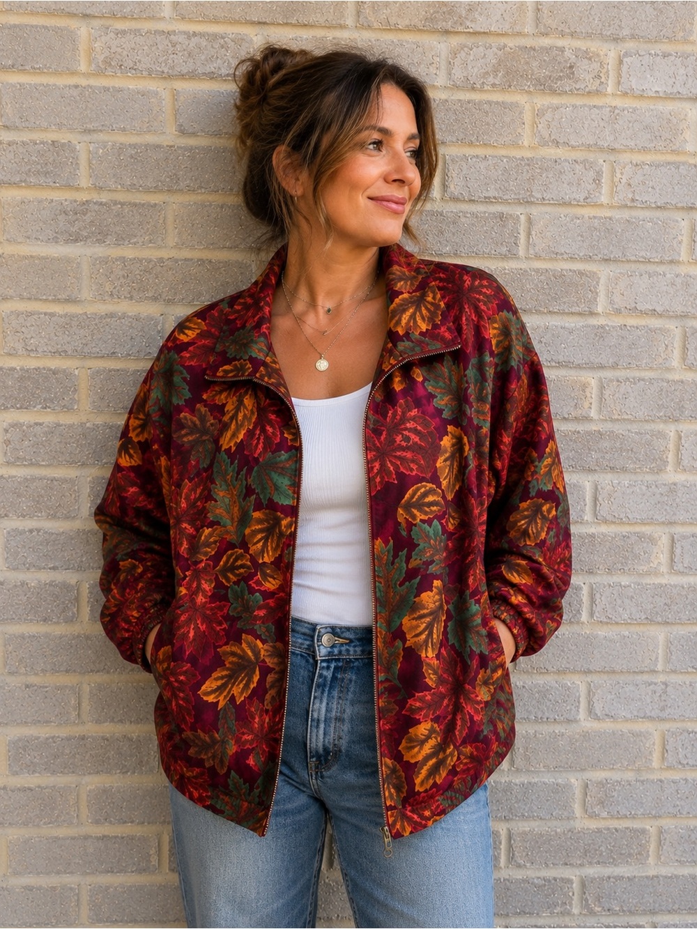 Vintage Teddi Petites Autumn Fall Leaves Zip Up Jacket Jewel Tone